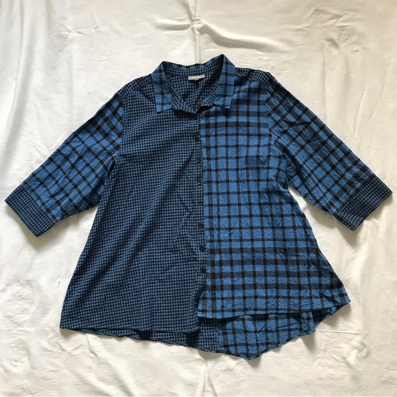 Habitat swing tunic blue black mixed plaid check print crinkled cotton XXL - Picture 1 of 7